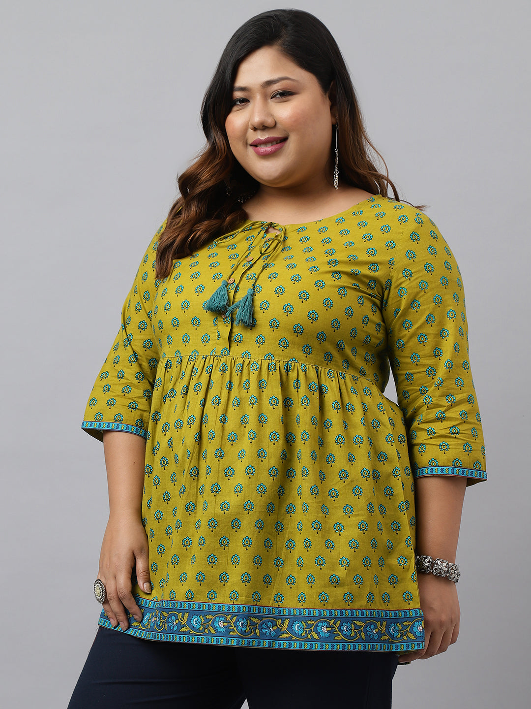 Janasya Women's Green Cotton Floral Printed Casual Gathered Tunic | Swadesiicart