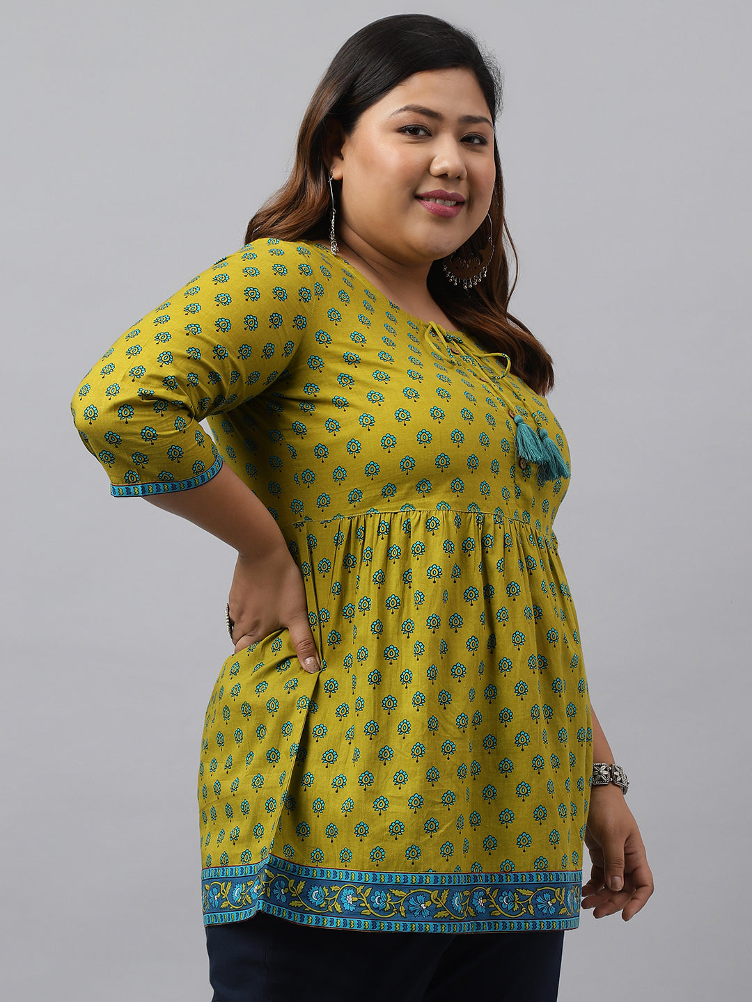 Janasya Women's Green Cotton Floral Printed Casual Gathered Tunic | Swadesiicart