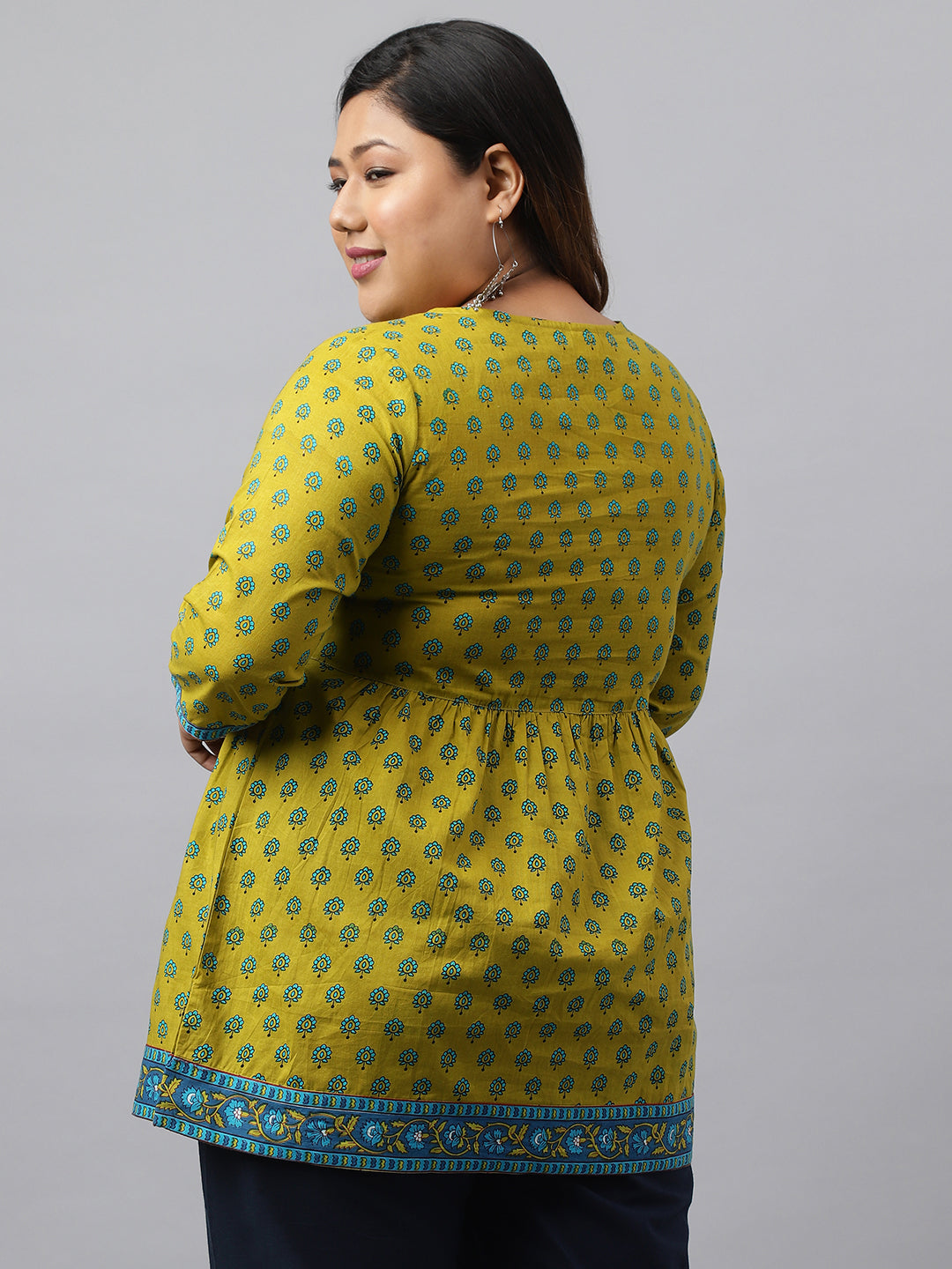 Janasya Women's Green Cotton Floral Printed Casual Gathered Tunic | Swadesiicart