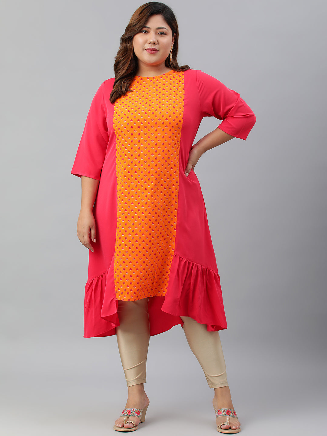 Janasya Women's Orange Poly Crepe Floral Print Casual A-line kurta | Swadesiicart