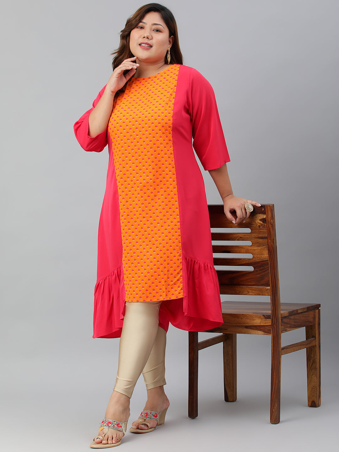 Janasya Women's Orange Poly Crepe Floral Print Casual A-line kurta | Swadesiicart