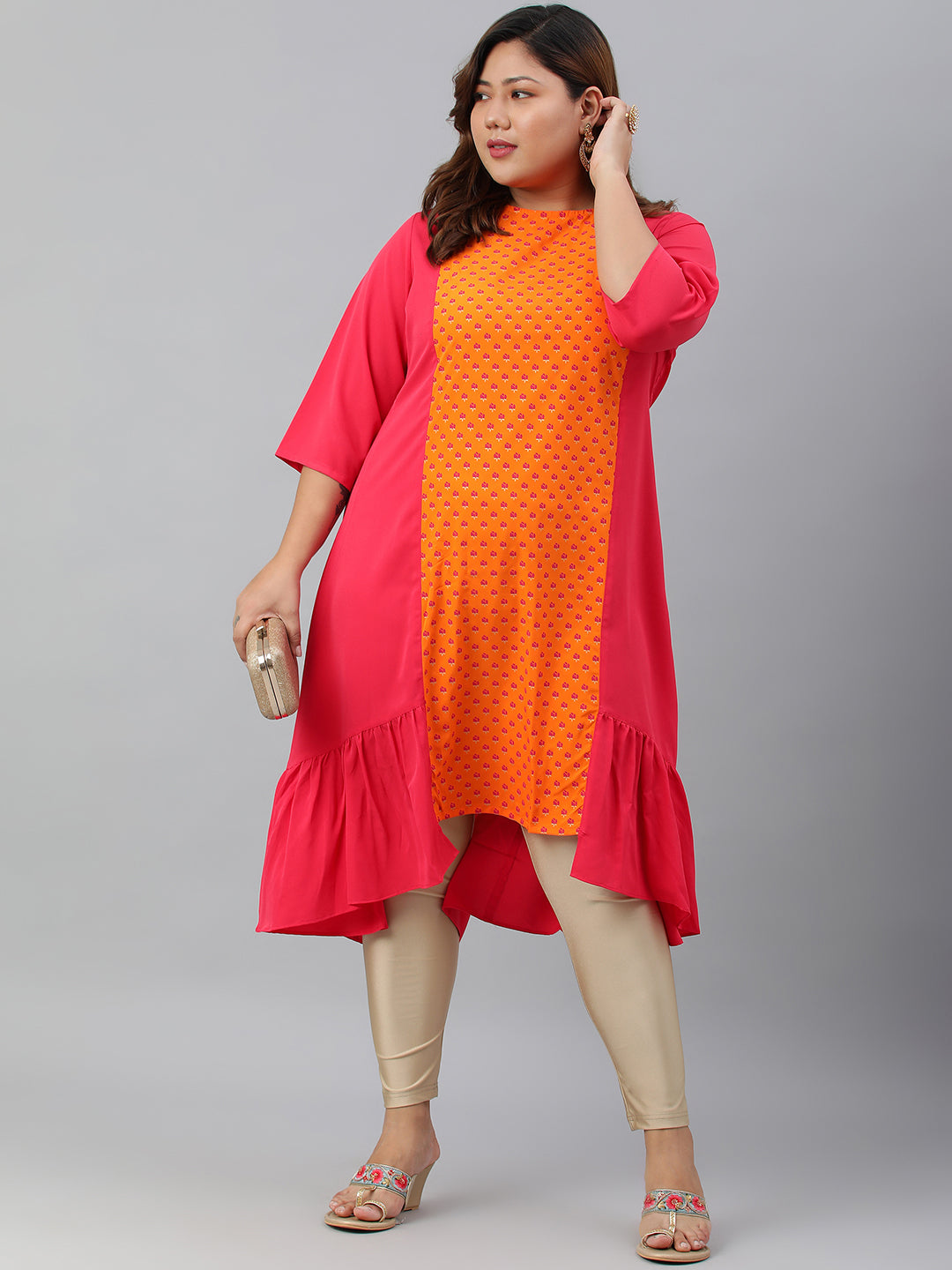Janasya Women's Orange Poly Crepe Floral Print Casual A-line kurta | Swadesiicart