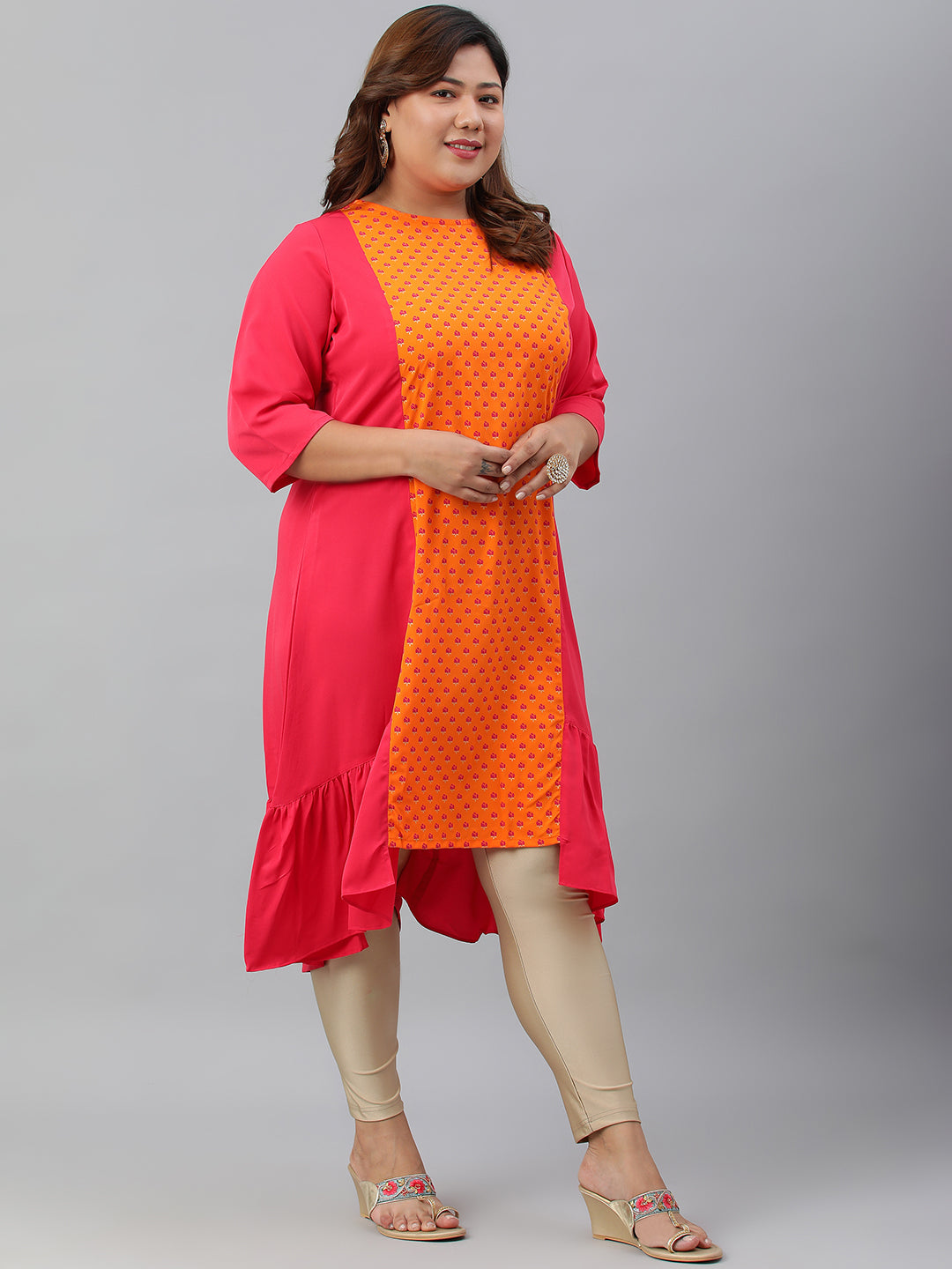 Janasya Women's Orange Poly Crepe Floral Print Casual A-line kurta | Swadesiicart
