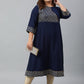 Janasya Women's Navy Blue Poly Crepe Ethnic Motifs Festive & Party A-line kurta | Swadesiicart