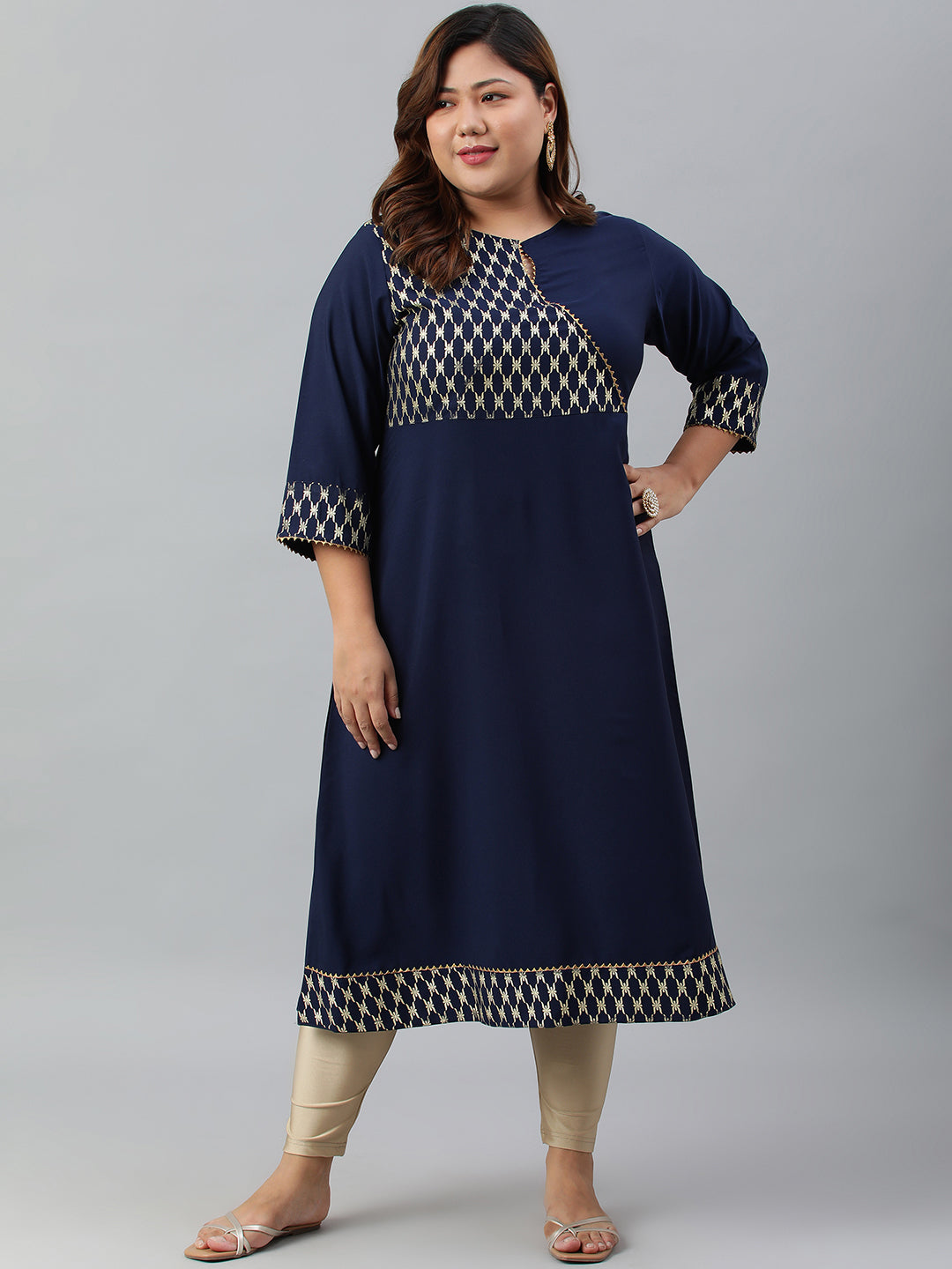 Janasya Women's Navy Blue Poly Crepe Ethnic Motifs Festive & Party A-line kurta | Swadesiicart