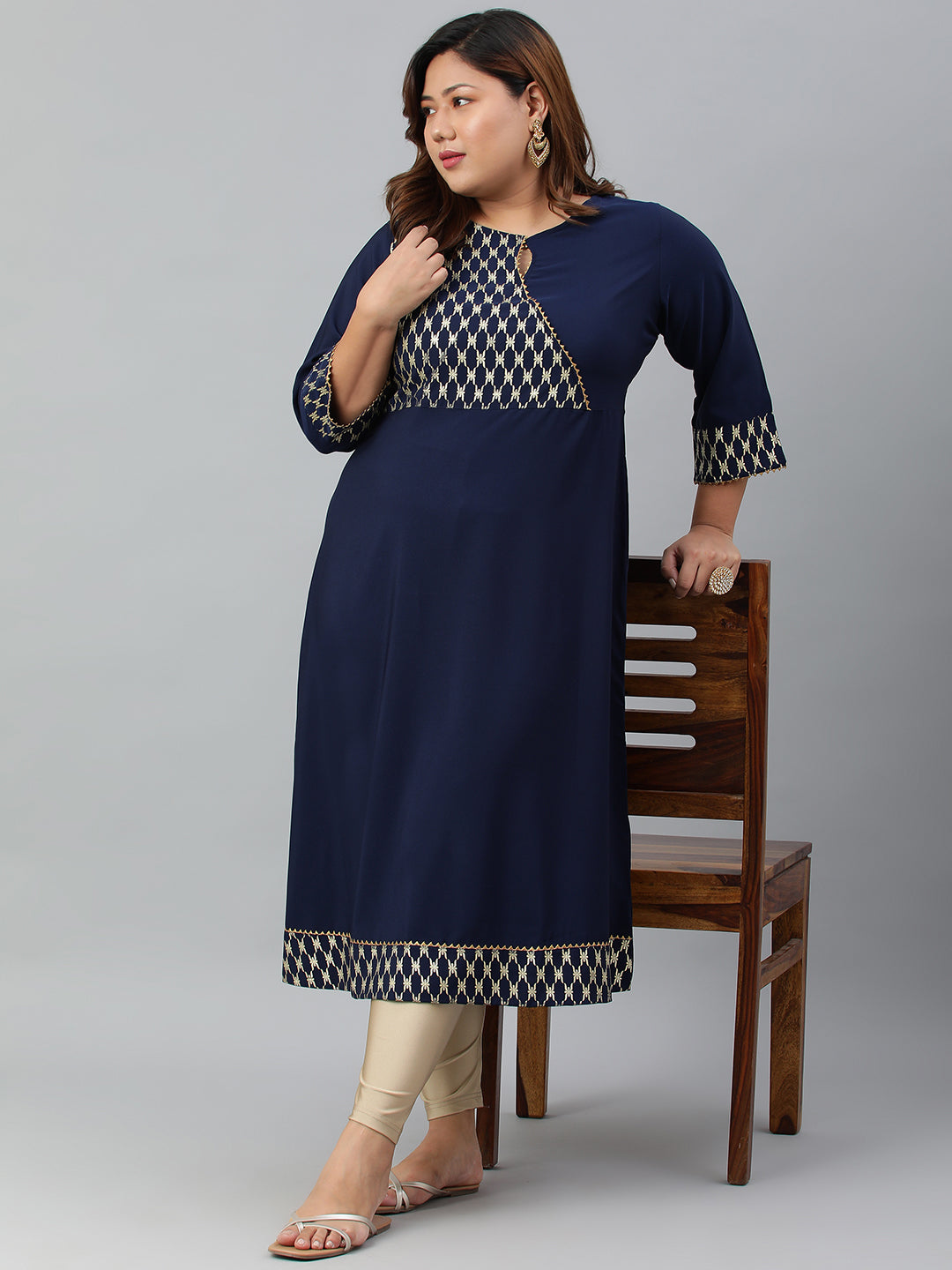 Janasya Women's Navy Blue Poly Crepe Ethnic Motifs Festive & Party A-line kurta | Swadesiicart