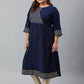 Janasya Women's Navy Blue Poly Crepe Ethnic Motifs Festive & Party A-line kurta | Swadesiicart