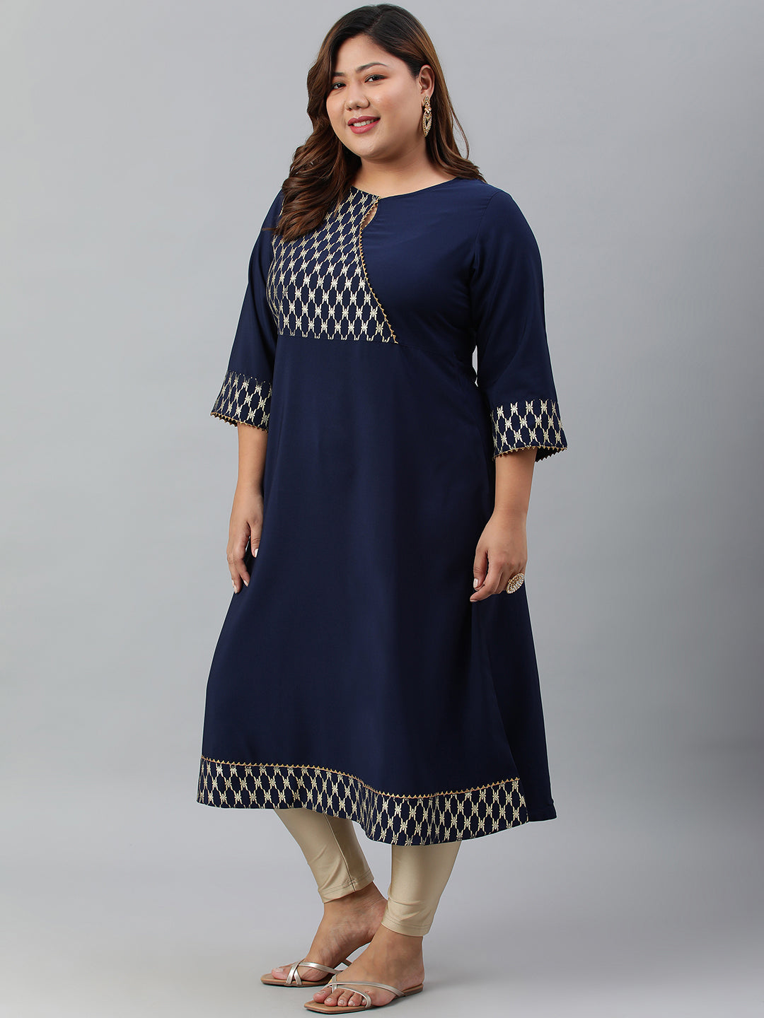 Janasya Women's Navy Blue Poly Crepe Ethnic Motifs Festive & Party A-line kurta | Swadesiicart