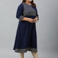 Janasya Women's Navy Blue Poly Crepe Ethnic Motifs Festive & Party A-line kurta | Swadesiicart