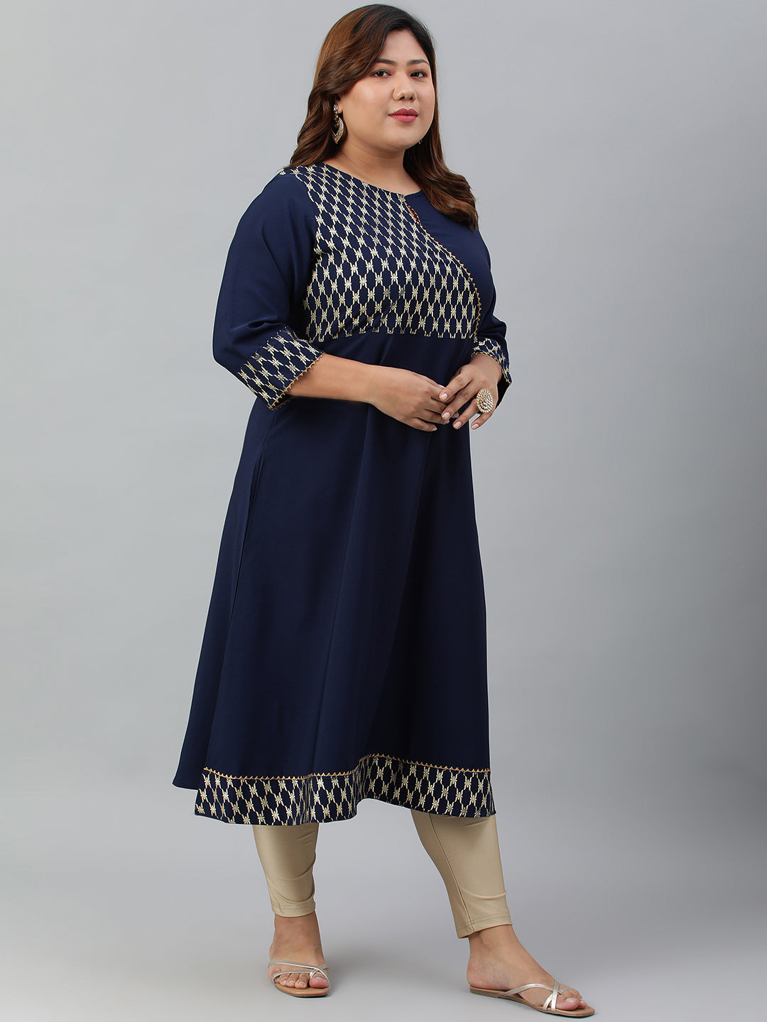 Janasya Women's Navy Blue Poly Crepe Ethnic Motifs Festive & Party A-line kurta | Swadesiicart