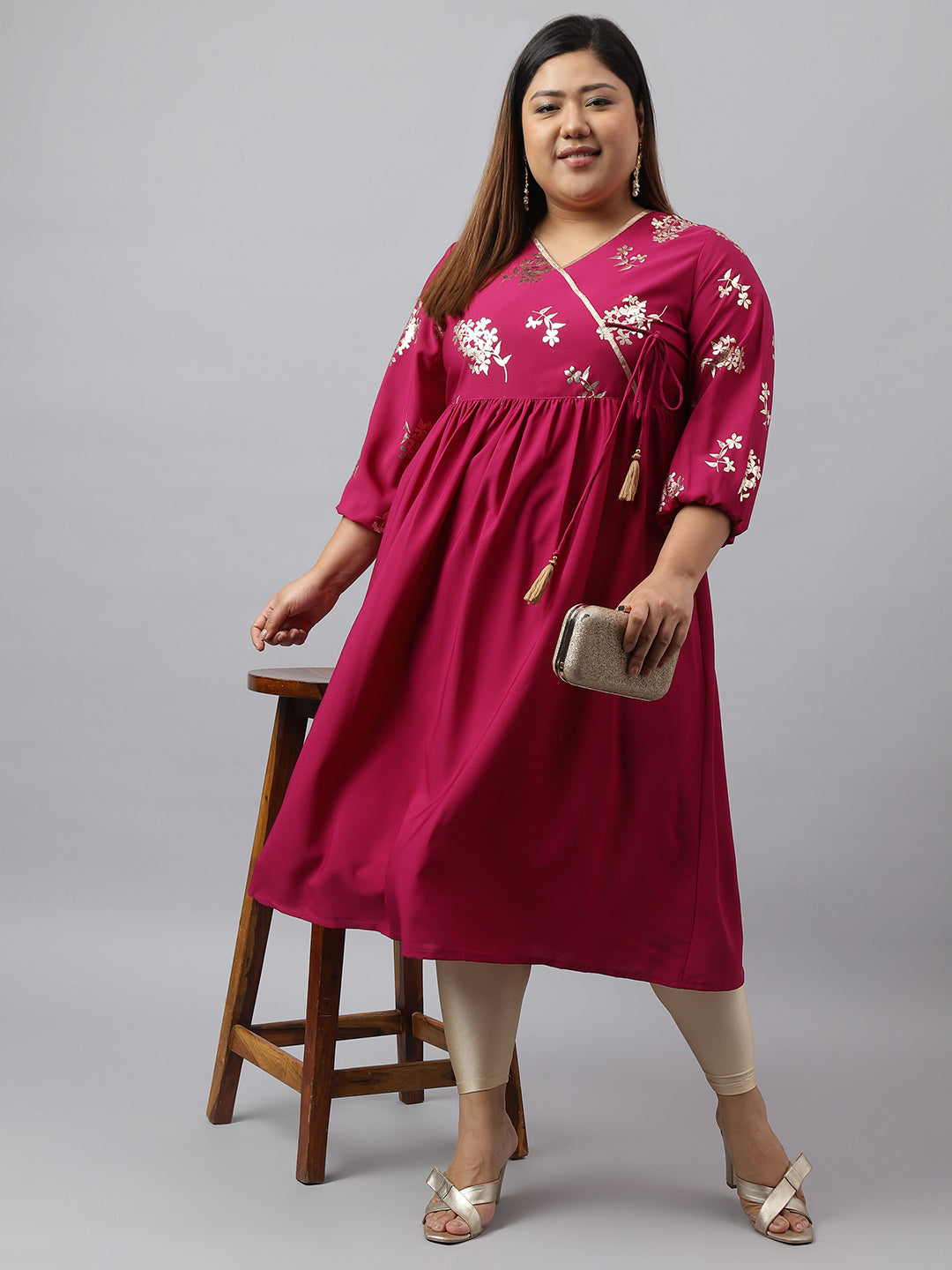 Janasya Magenta Poly Crepe Foil Floral Print kurta | Swadesiicart