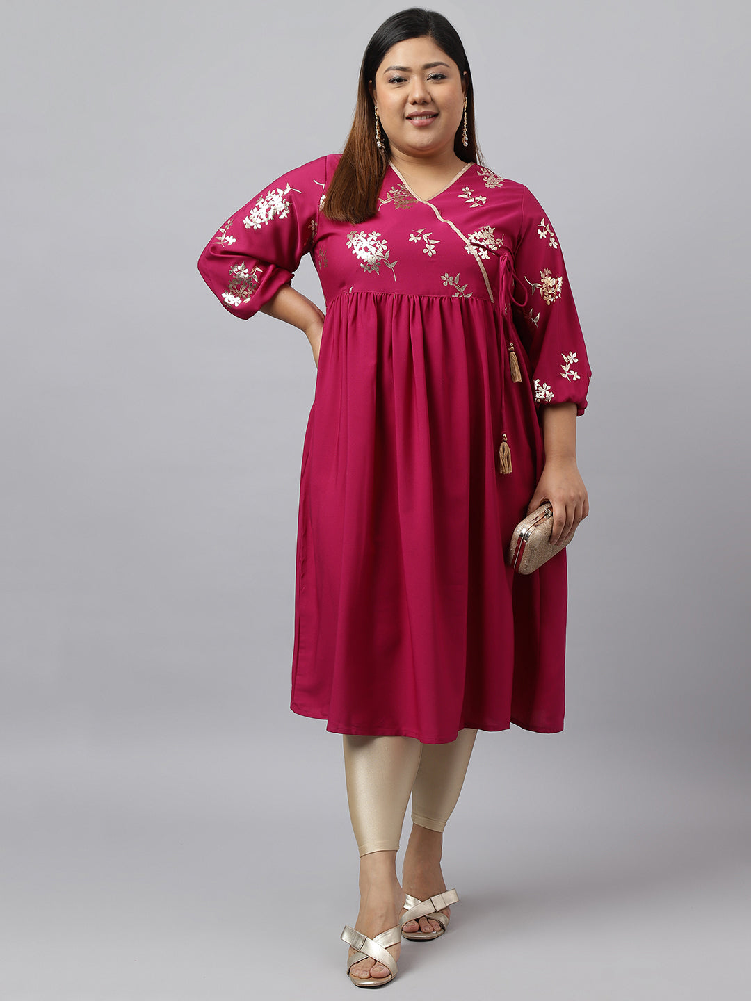 Janasya Magenta Poly Crepe Foil Floral Print kurta | Swadesiicart