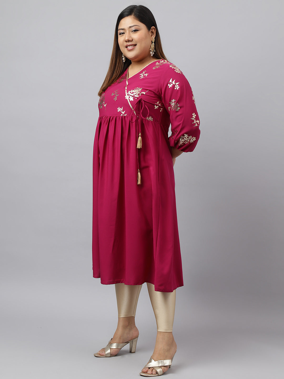 Janasya Magenta Poly Crepe Foil Floral Print kurta | Swadesiicart
