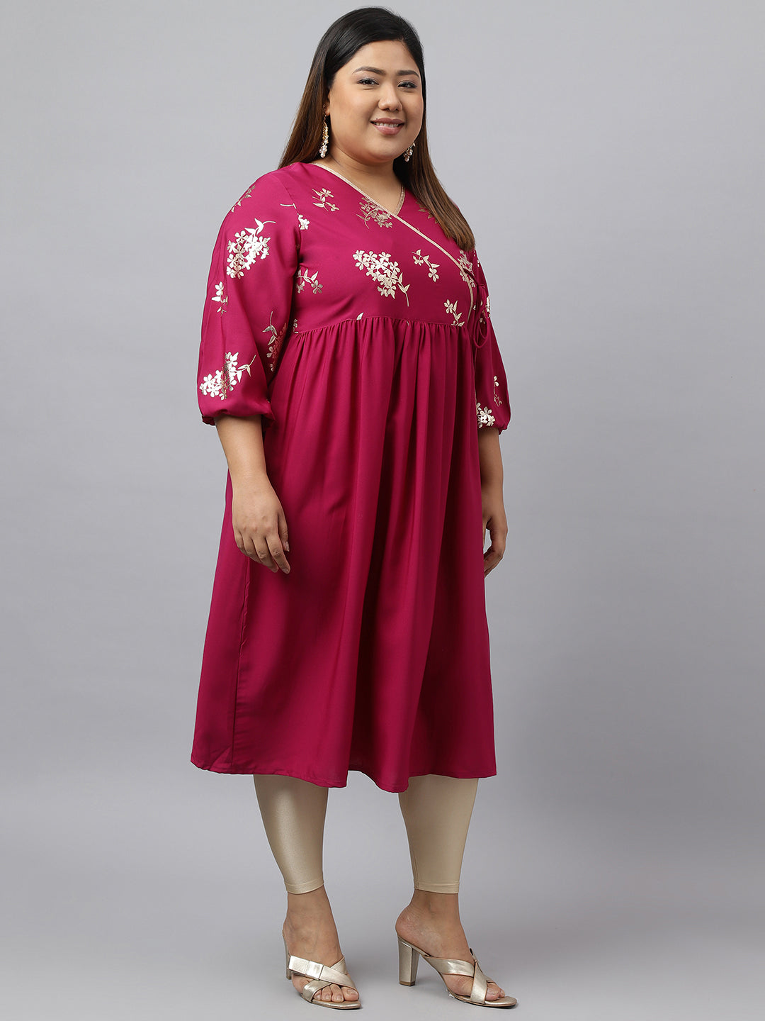 Janasya Magenta Poly Crepe Foil Floral Print kurta | Swadesiicart