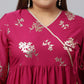 Janasya Magenta Poly Crepe Foil Floral Print kurta | Swadesiicart