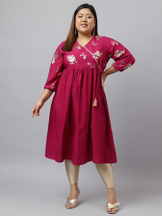 Janasya Magenta Poly Crepe Foil Floral Print kurta | Swadesiicart