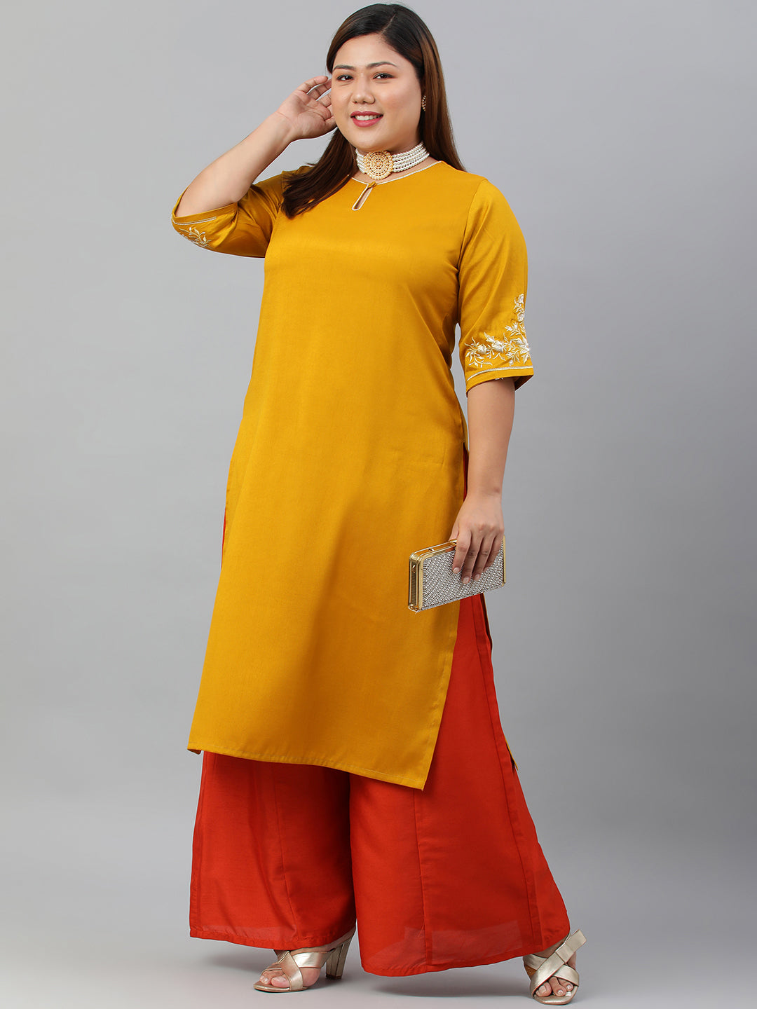 Janasya Women's Mustard Poly Silk Embroidered Festive & Party Straight kurta | Swadesiicart