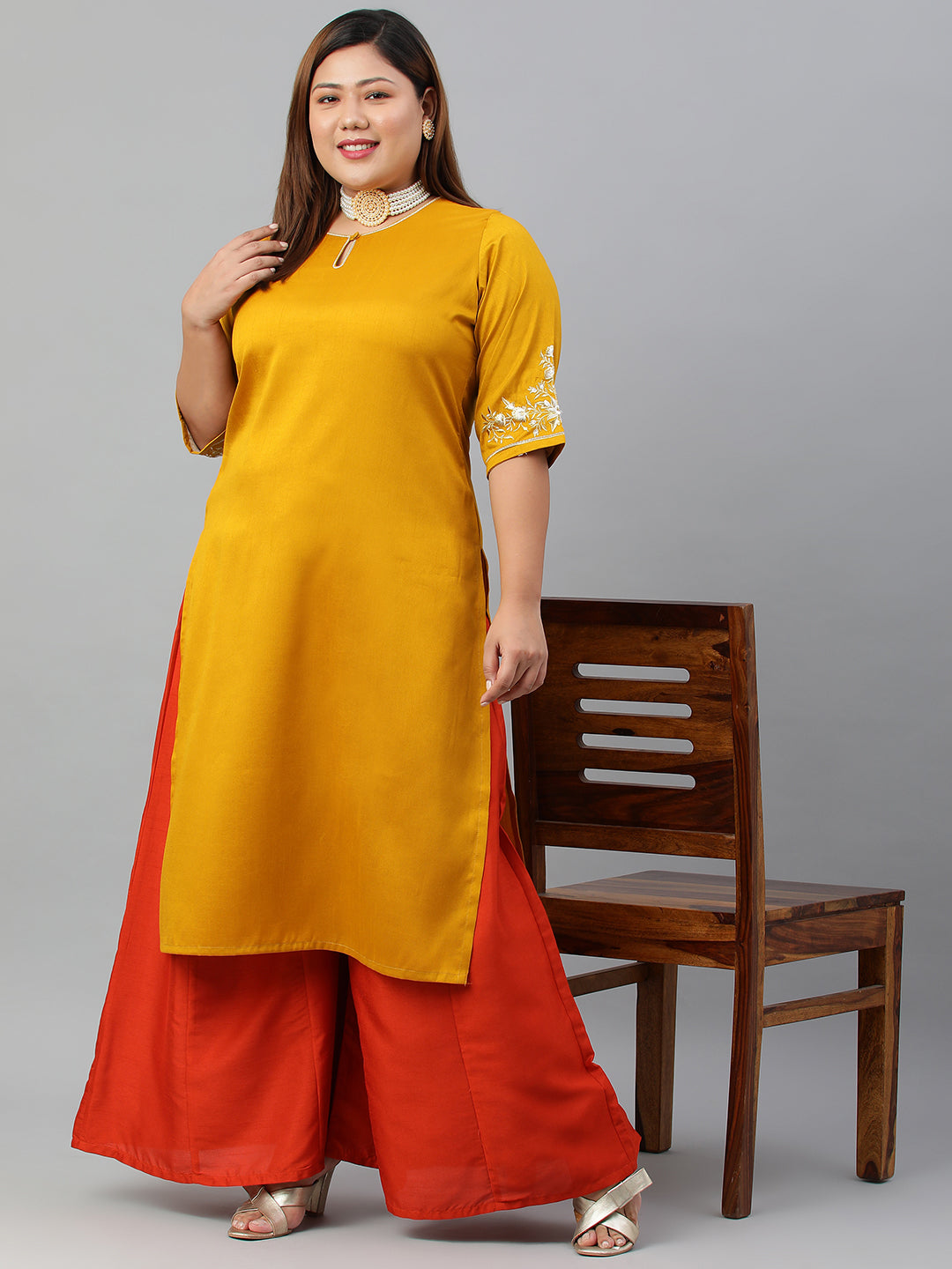 Janasya Women's Mustard Poly Silk Embroidered Festive & Party Straight kurta | Swadesiicart