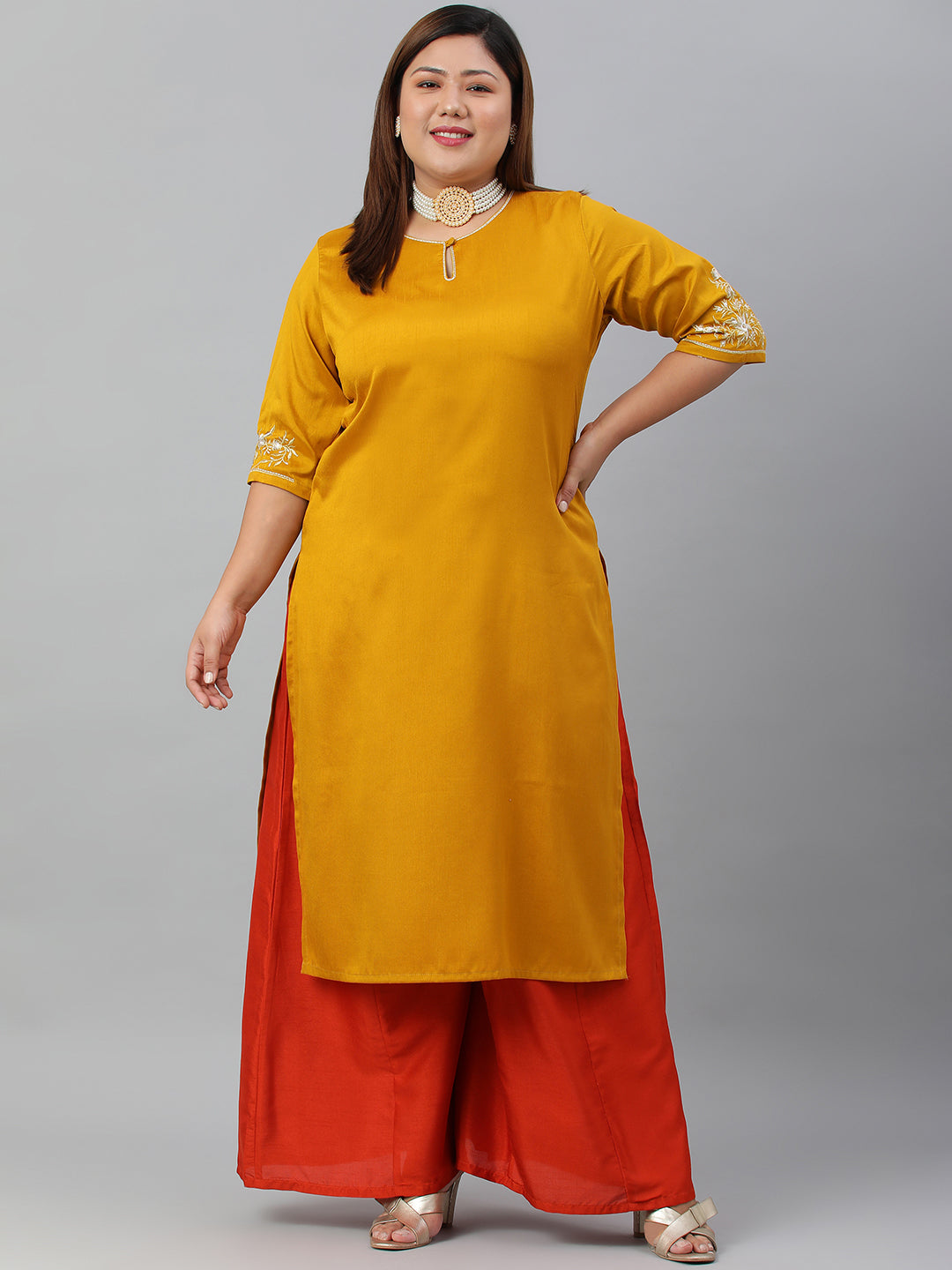 Janasya Women's Mustard Poly Silk Embroidered Festive & Party Straight kurta | Swadesiicart