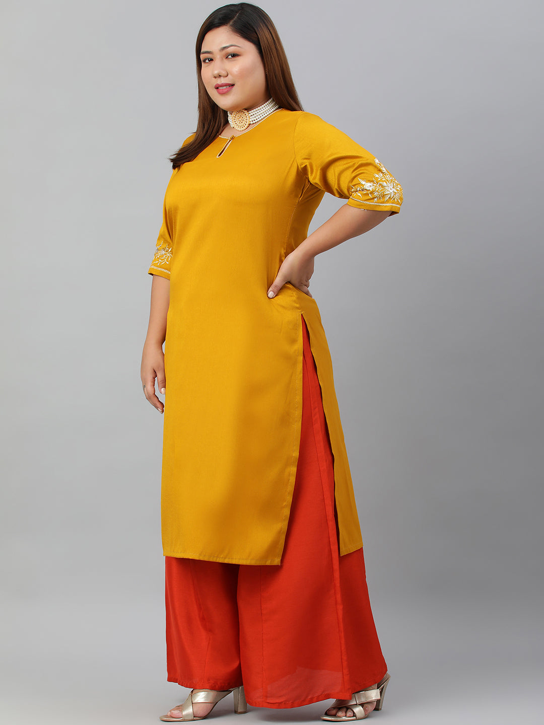 Janasya Women's Mustard Poly Silk Embroidered Festive & Party Straight kurta | Swadesiicart
