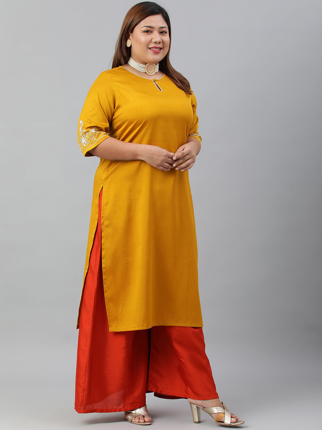 Janasya Women's Mustard Poly Silk Embroidered Festive & Party Straight kurta | Swadesiicart