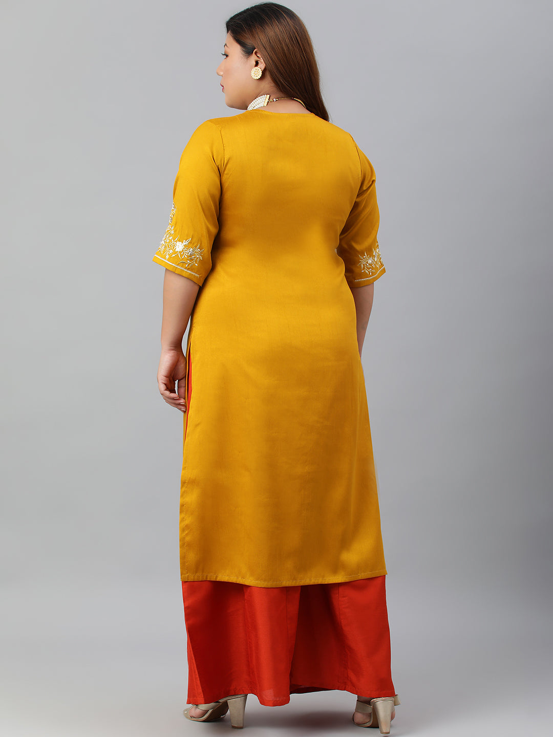 Janasya Women's Mustard Poly Silk Embroidered Festive & Party Straight kurta | Swadesiicart