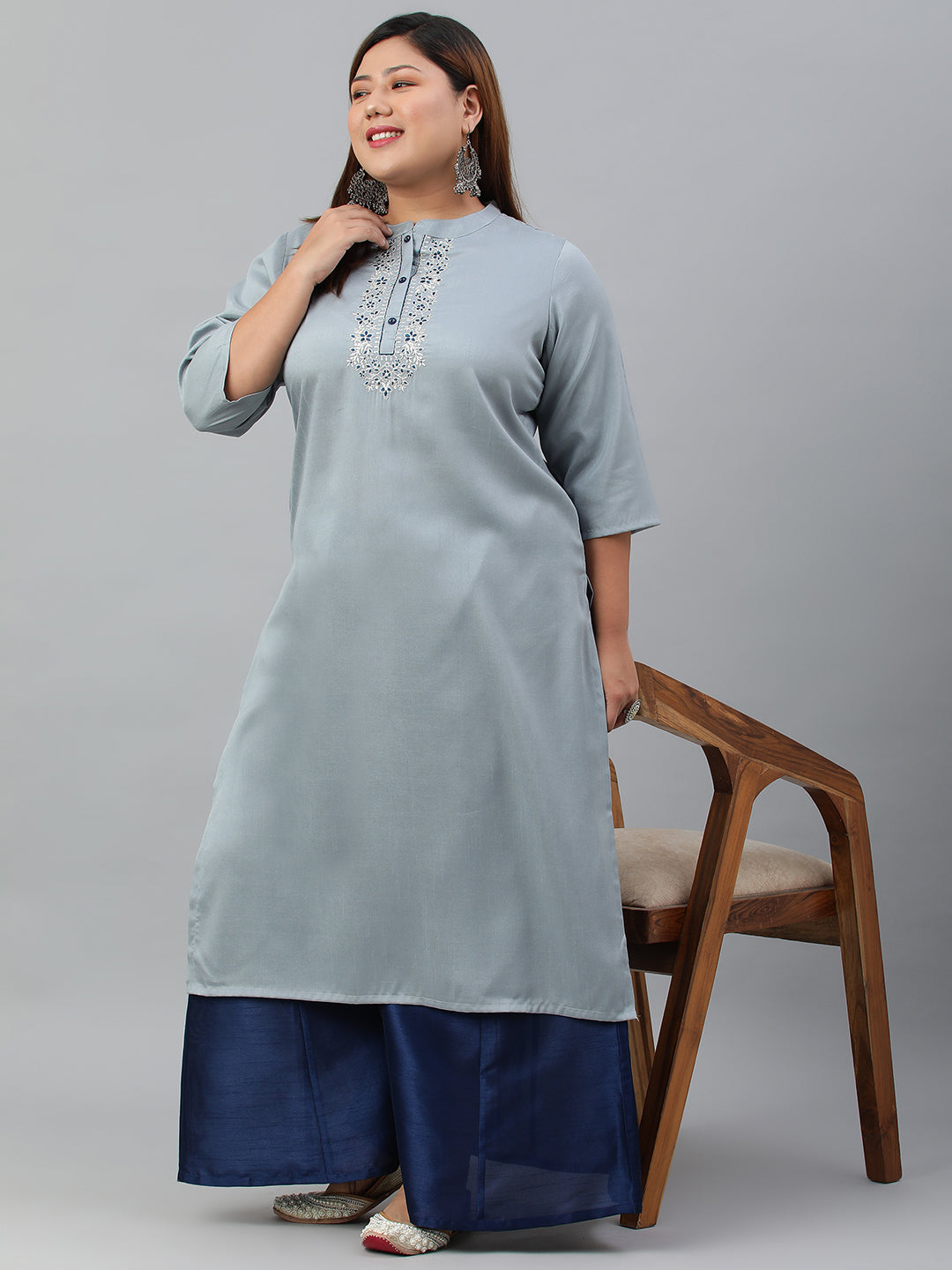 Janasya Women's Grey Poly Silk Solid Festive & Party Straight kurta | Swadesiicart