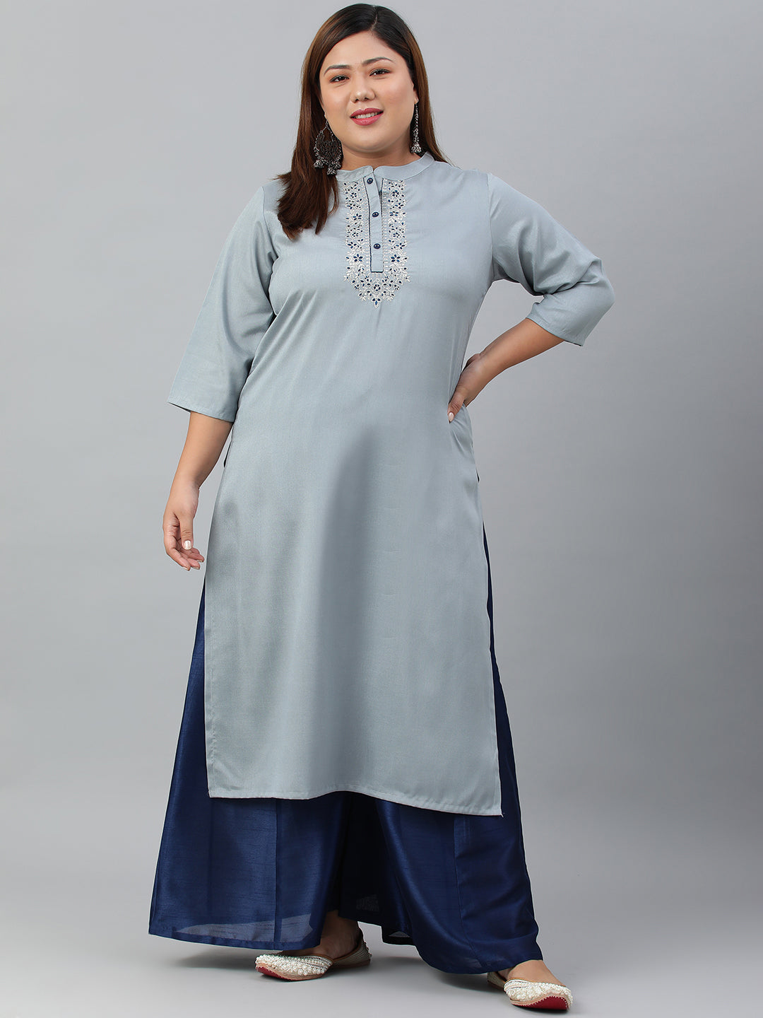 Janasya Women's Grey Poly Silk Solid Festive & Party Straight kurta | Swadesiicart