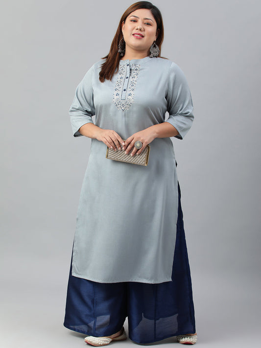 Janasya Women's Grey Poly Silk Solid Festive & Party Straight kurta | Swadesiicart