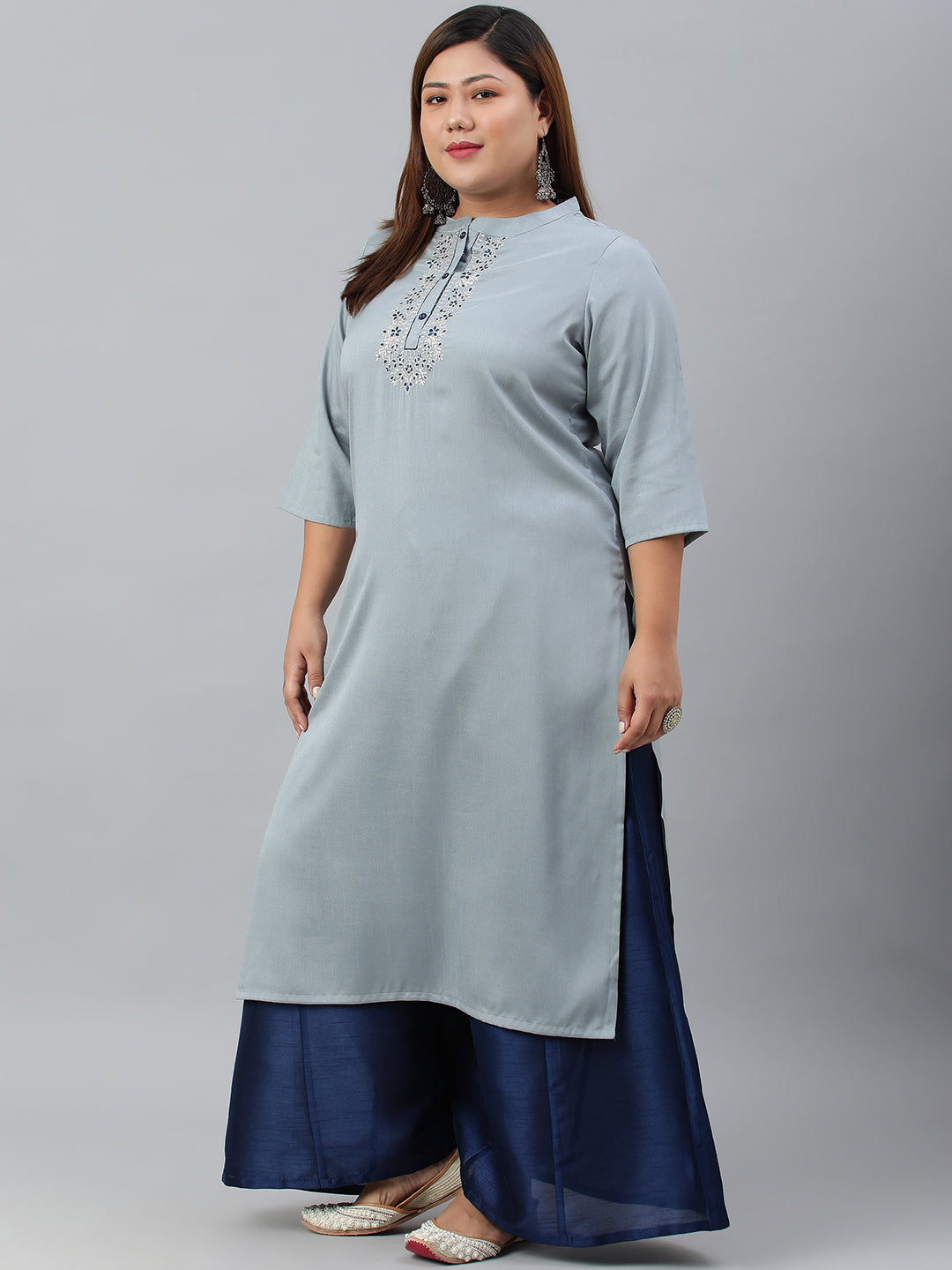Janasya Women's Grey Poly Silk Solid Festive & Party Straight kurta | Swadesiicart