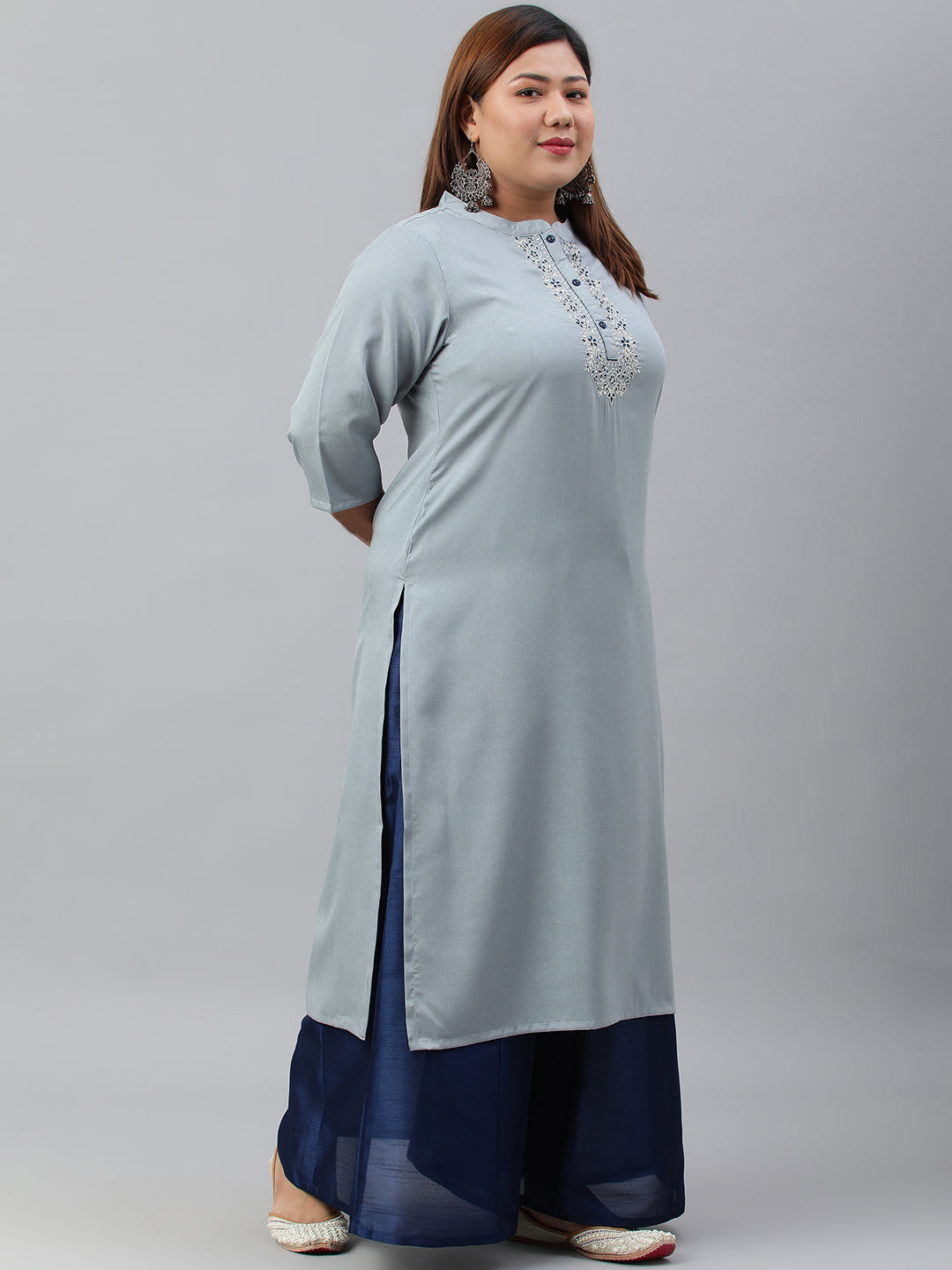 Janasya Women's Grey Poly Silk Solid Festive & Party Straight kurta | Swadesiicart