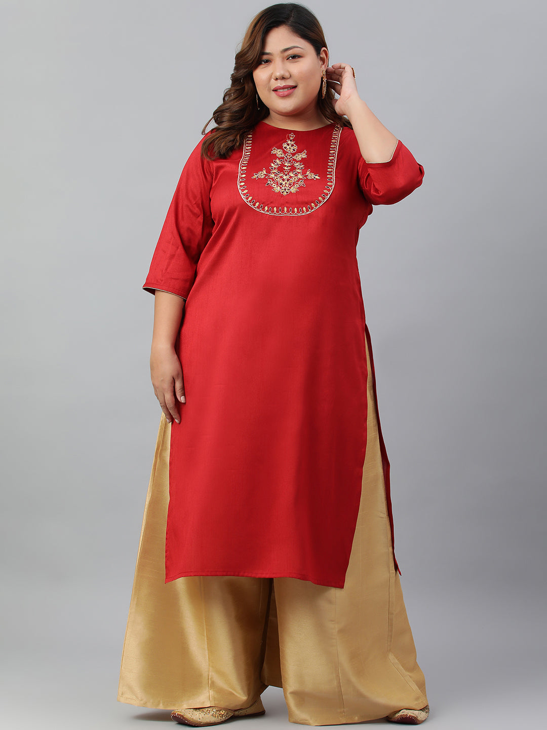 Janasya Women's Red Poly Silk Embroidered Festive & Party Straight kurta | Swadesiicart