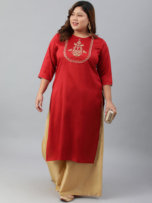 Janasya Women's Red Poly Silk Embroidered Festive & Party Straight kurta | Swadesiicart