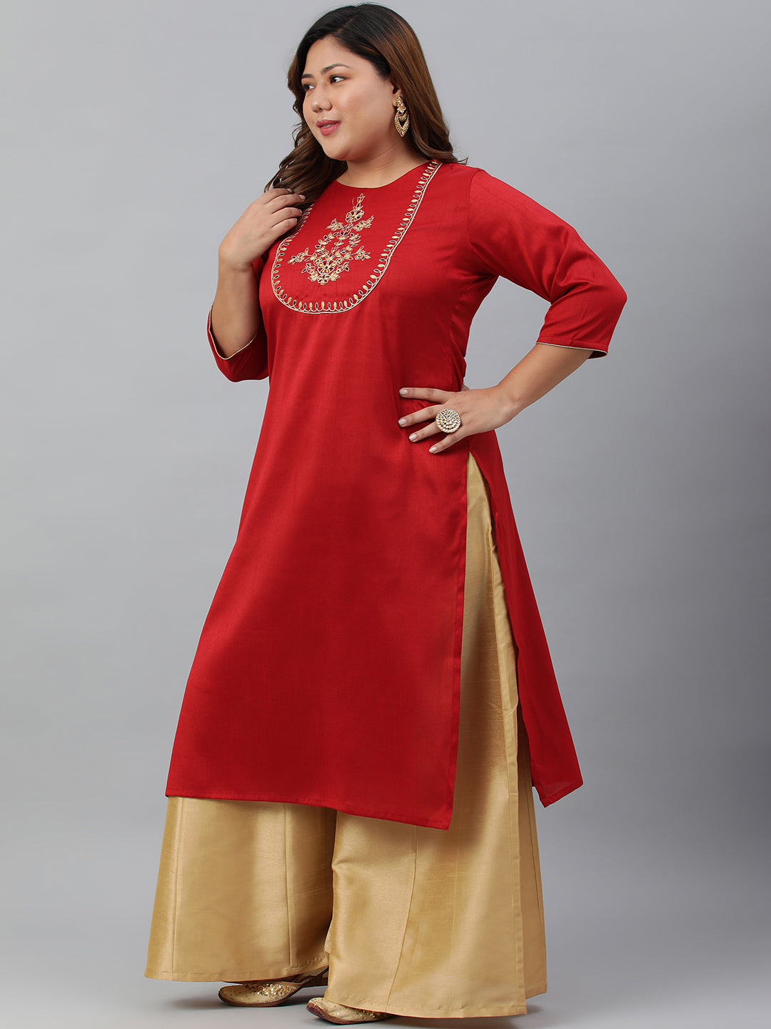 Janasya Women's Red Poly Silk Embroidered Festive & Party Straight kurta | Swadesiicart