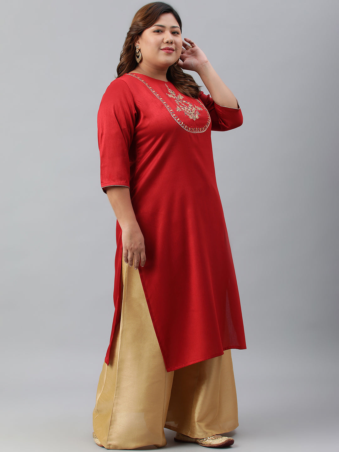 Janasya Women's Red Poly Silk Embroidered Festive & Party Straight kurta | Swadesiicart