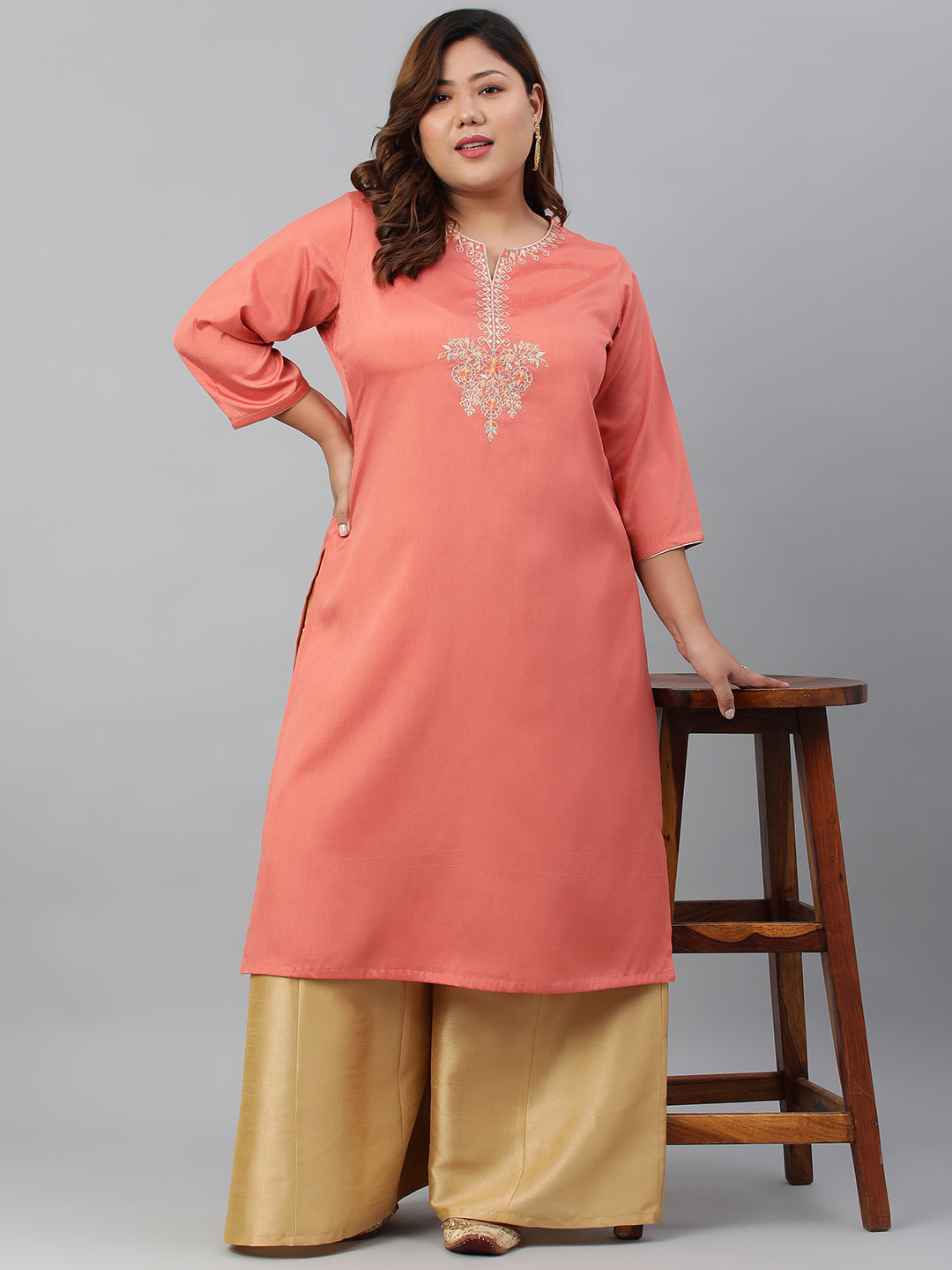 Janasya Women's Coral Poly Silk Embroidered Festive & Party Straight kurta | Swadesiicart
