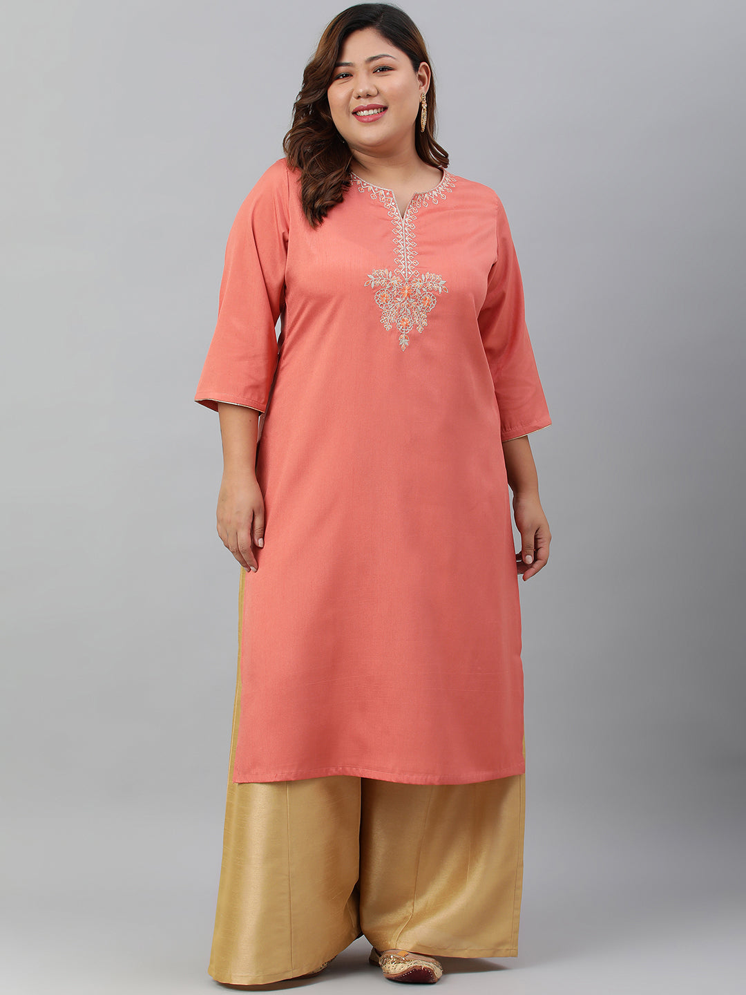 Janasya Women's Coral Poly Silk Embroidered Festive & Party Straight kurta | Swadesiicart