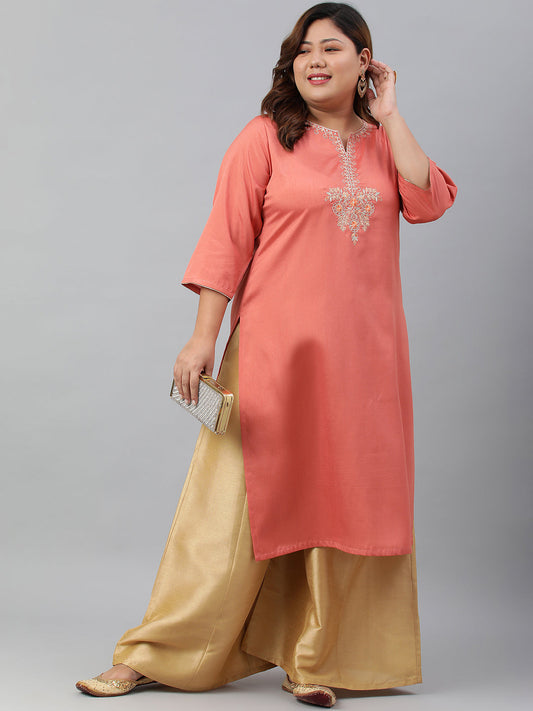 Janasya Women's Coral Poly Silk Embroidered Festive & Party Straight kurta | Swadesiicart