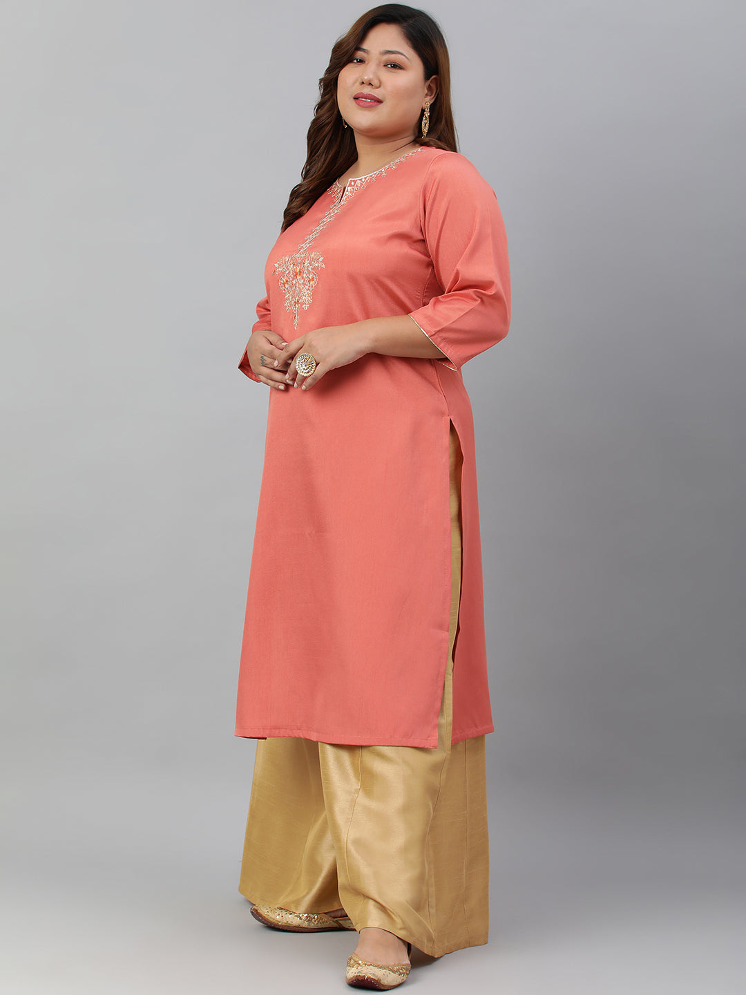 Janasya Women's Coral Poly Silk Embroidered Festive & Party Straight kurta | Swadesiicart