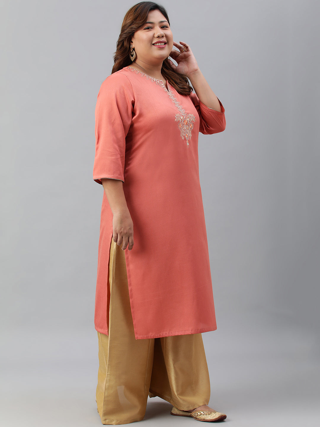 Janasya Women's Coral Poly Silk Embroidered Festive & Party Straight kurta | Swadesiicart