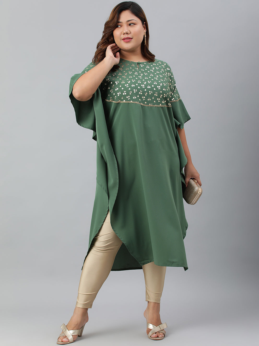 Janasya Women's Green Poly Crepe Foil Print Casual Kaftan kurta | Swadesiicart