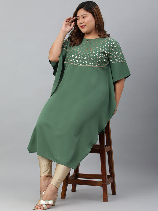 Janasya Women's Green Poly Crepe Foil Print Casual Kaftan kurta | Swadesiicart