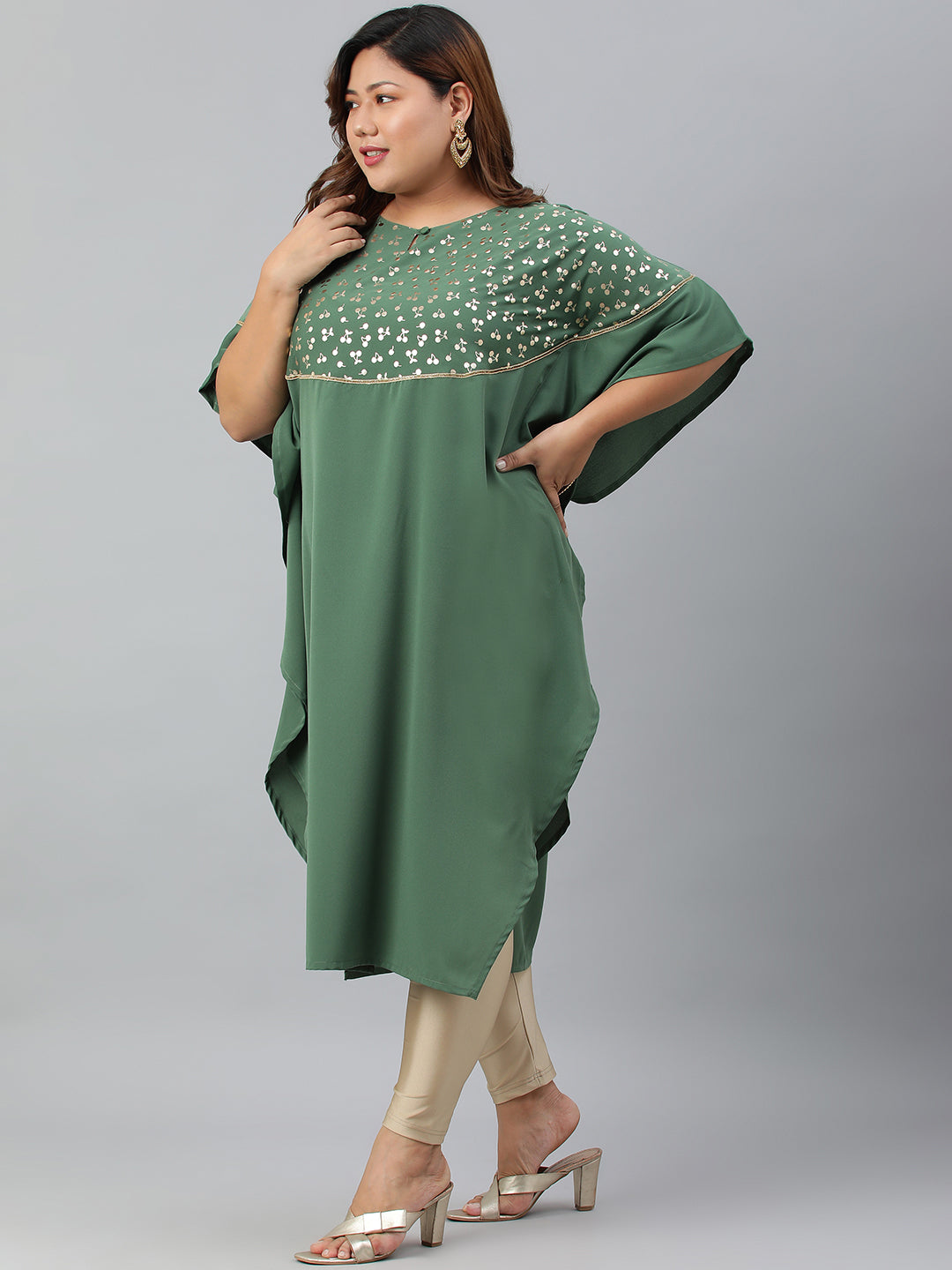 Janasya Women's Green Poly Crepe Foil Print Casual Kaftan kurta | Swadesiicart