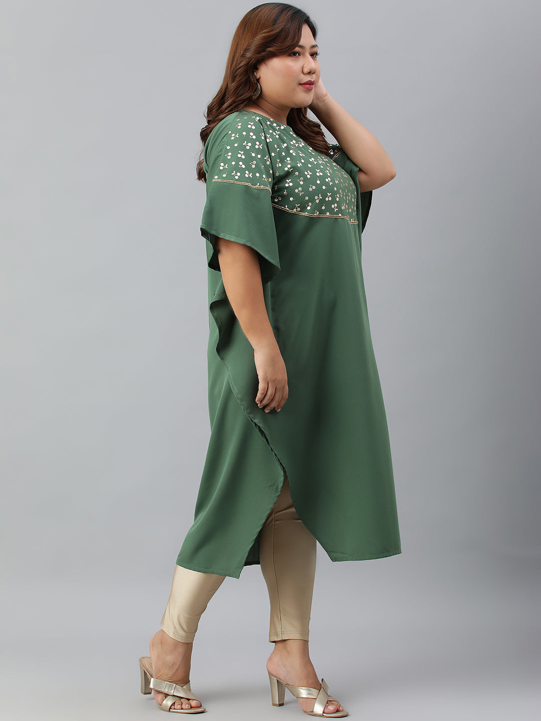 Janasya Women's Green Poly Crepe Foil Print Casual Kaftan kurta | Swadesiicart
