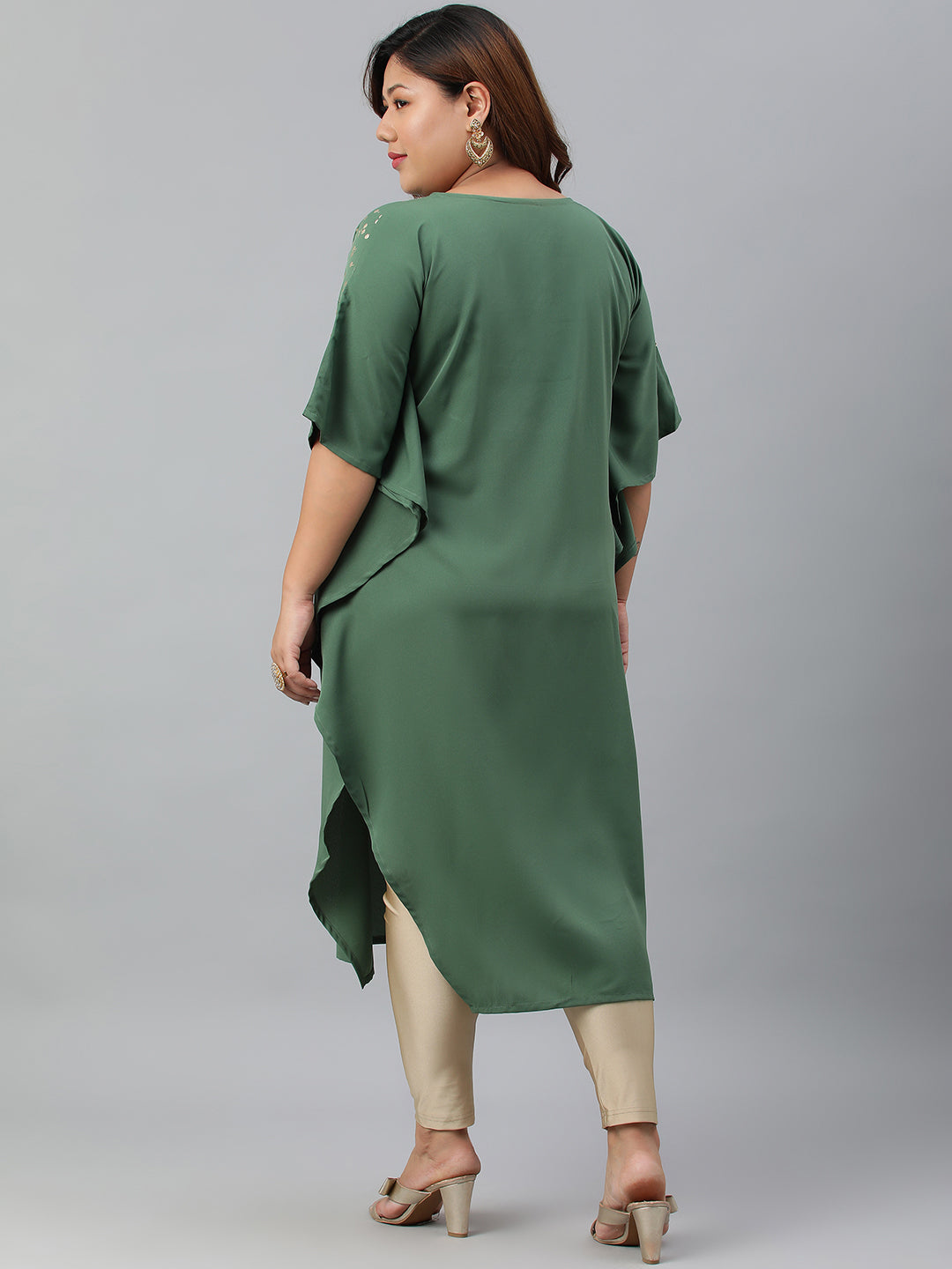 Janasya Women's Green Poly Crepe Foil Print Casual Kaftan kurta | Swadesiicart
