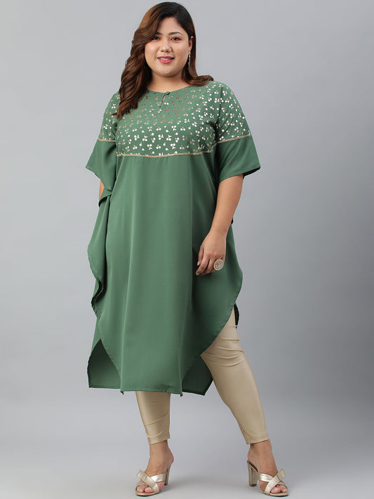 Janasya Women's Green Poly Crepe Foil Print Casual Kaftan kurta | Swadesiicart