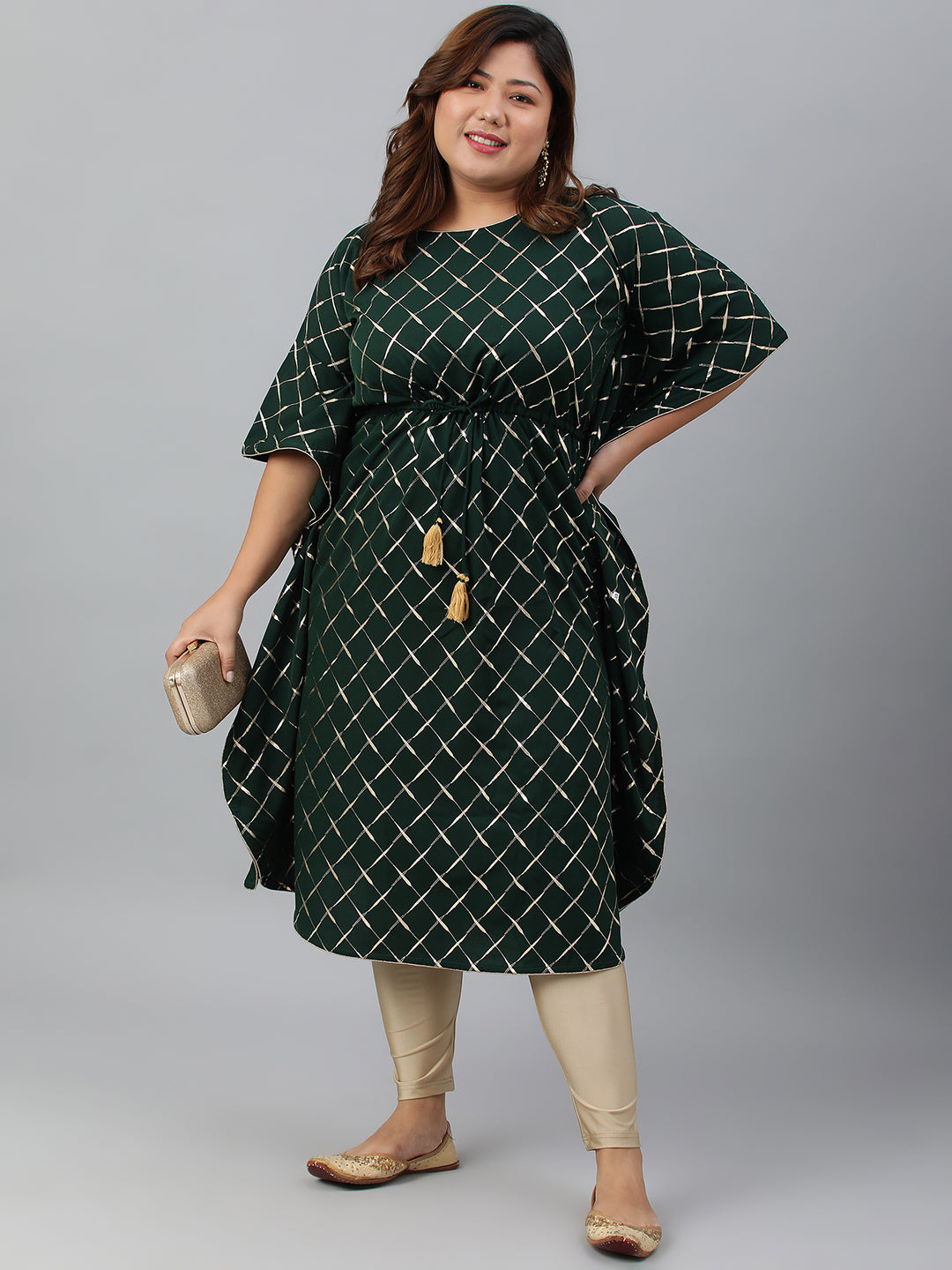 Janasya Women's Green Poly Crepe Checkered Festive & Party Kaftan kurta | Swadesiicart