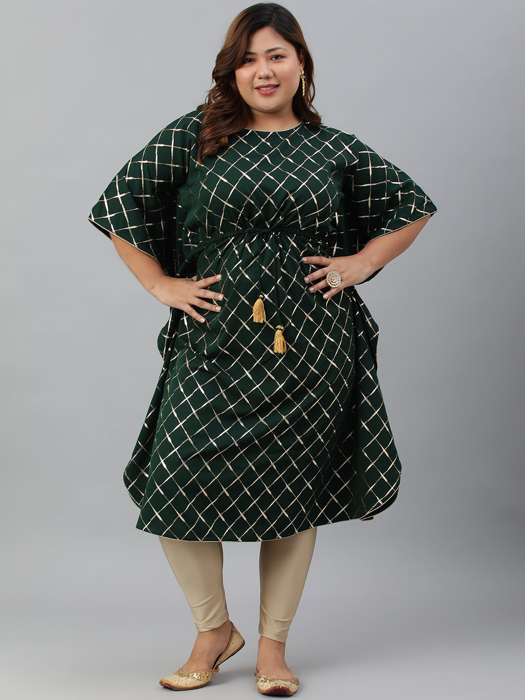 Janasya Women's Green Poly Crepe Checkered Festive & Party Kaftan kurta | Swadesiicart
