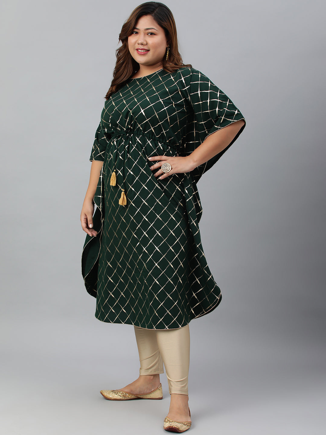 Janasya Women's Green Poly Crepe Checkered Festive & Party Kaftan kurta | Swadesiicart