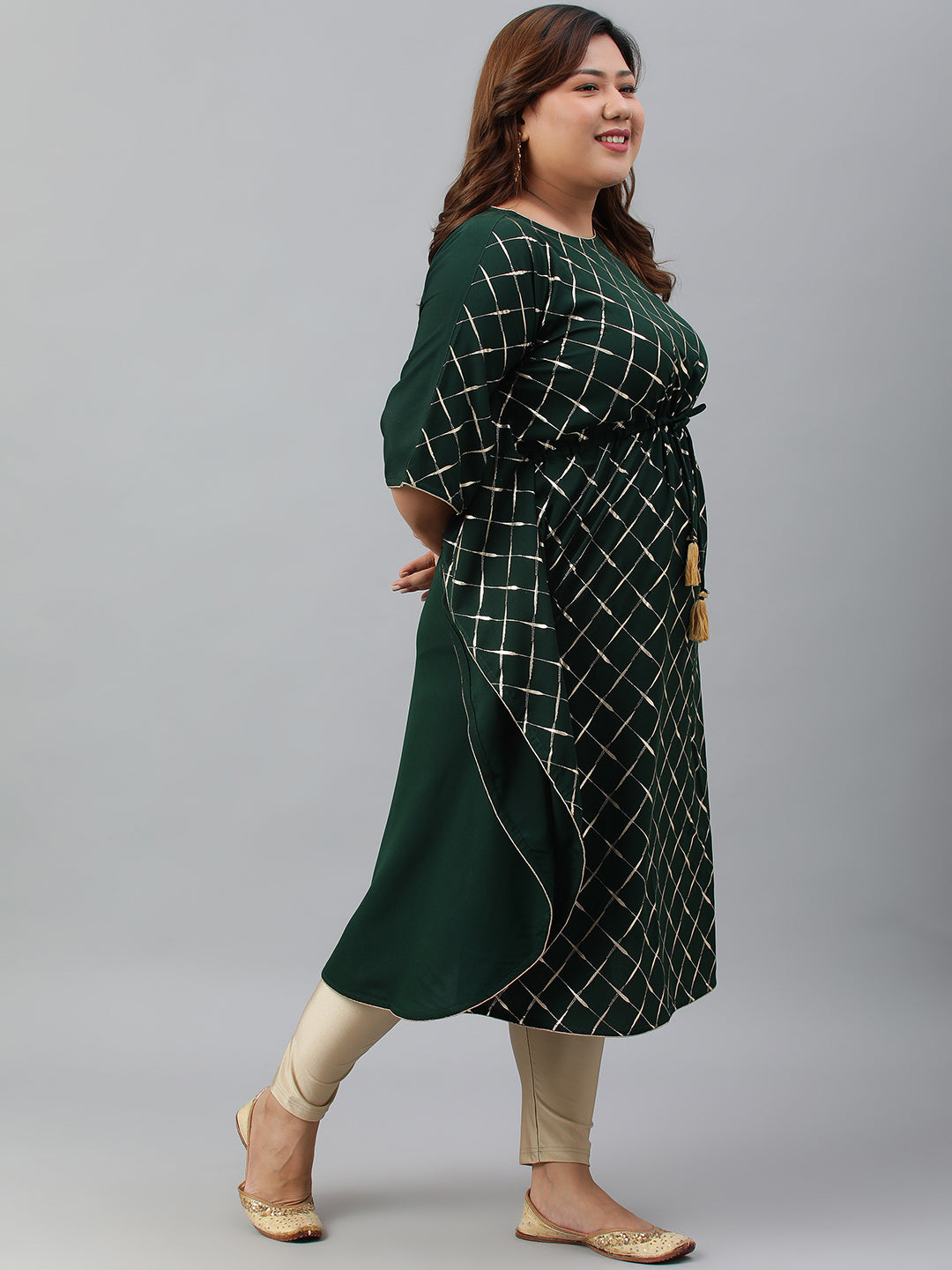 Janasya Women's Green Poly Crepe Checkered Festive & Party Kaftan kurta | Swadesiicart